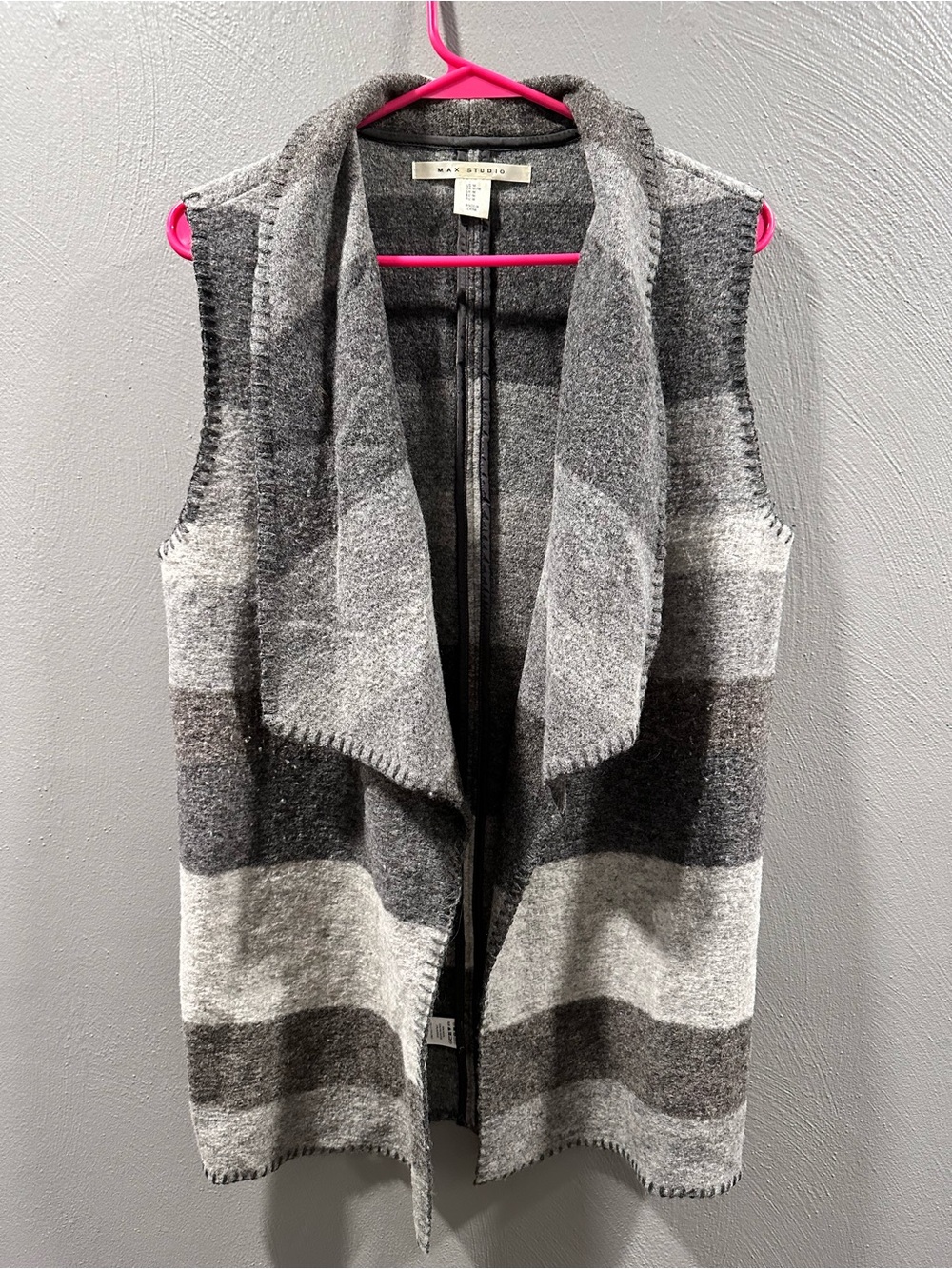 Max Studio Gray & Charcoal Striped Wool Sleeveless Shawl Cardigan